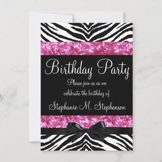 Invitation Hot rose étincelle Zebra Girl'anniversaire (Devant)