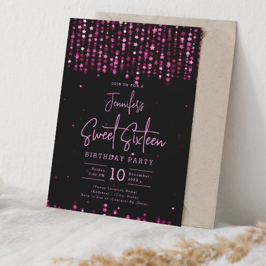 Invitation Hot rose Falling Stars Sweet 16 Anniversaire