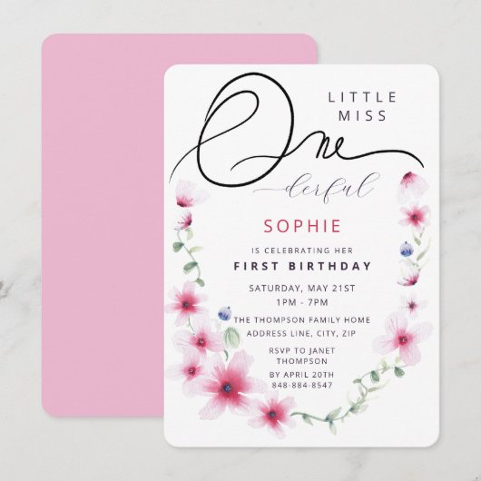 Invitation Hot rose Fleur sauvage Wreath One-derful Girl Part (Devant / Derrière)