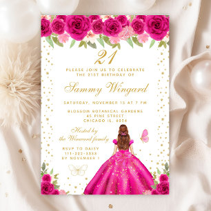 Invitation Hot rose Floral Brown Cheveux Princesse Anniversai