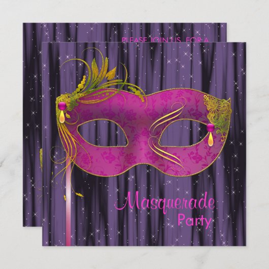 Invitation Hot rose Fuchsia Black violet mascarade (Devant / Derrière)