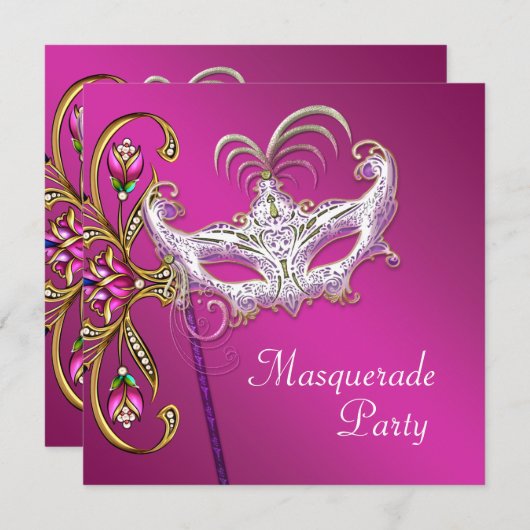 Invitation Hot rose Fuchsia Pink Masquerade (Devant / Derrière)