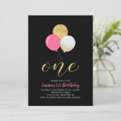 Invitation Hot rose & Gold Balloons 1ère Fille fête d'anniver (Debout devant)