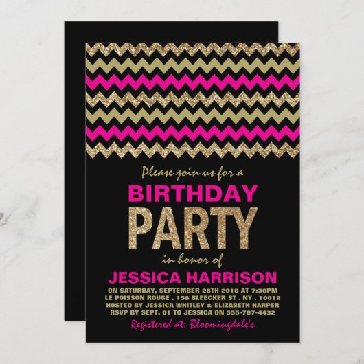 Invitation Hot rose & Gold Parties scintillant Chevron fête d (Devant / Derrière)