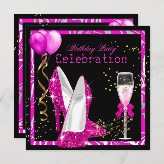 Invitation Hot rose Gold Parties scintillant Zebra Black Birt (Devant / Derrière)