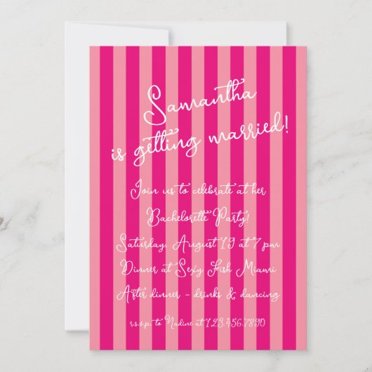 Invitation Hot Rose Gras Gras Stripes Script Bachelorette (Devant)