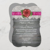 Invitation Hot rose Grey Rustic Wood Rose Mariage Inviter (Devant / Derrière)
