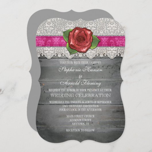 Invitation Hot rose Grey Rustic Wood Rose Mariage Inviter (Devant / Derrière)