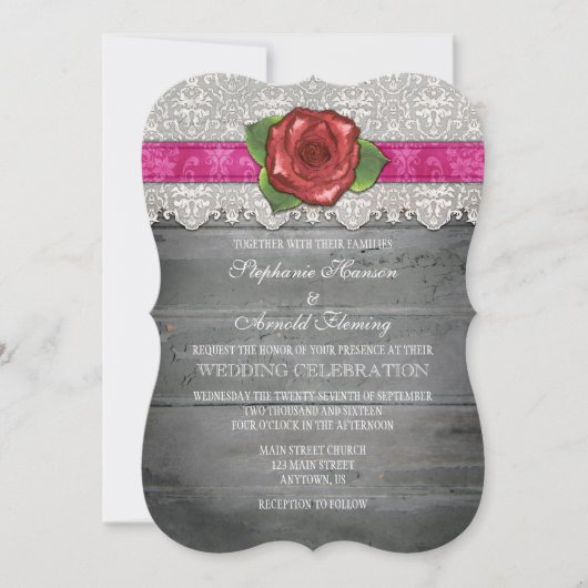 Invitation Hot rose Grey Rustic Wood Rose Mariage Inviter (Devant)