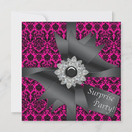 Invitation Hot rose noir Damask Surprise fête d'anniversaire (Devant)