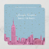 Invitation Hot rose NYC Skyline Etch bleu étoile SQ Sweet 16 (Devant / Derrière)