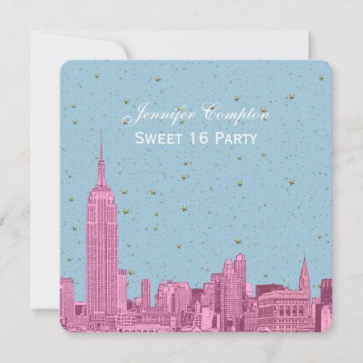 Invitation Hot rose NYC Skyline Etch bleu étoile SQ Sweet 16 (Devant)