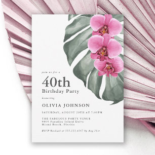 Invitation Hot rose Orchidées Tropical 40th Birthday Party