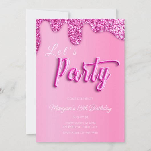 Invitation Hot rose Parties scintillant Fille fête d'annivers (Devant)