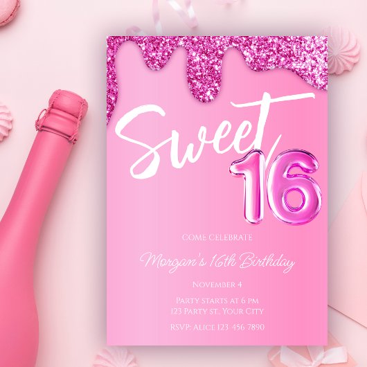 Invitation Hot rose Parties scintillant Girly Sweet 16 fête d