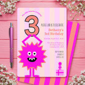 Invitation Hot rose petit monstre 3ème fille Anniversaire ray