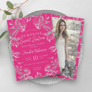 Invitation Hot rose & Silver Floral Photo SURPRISE Sweet 16