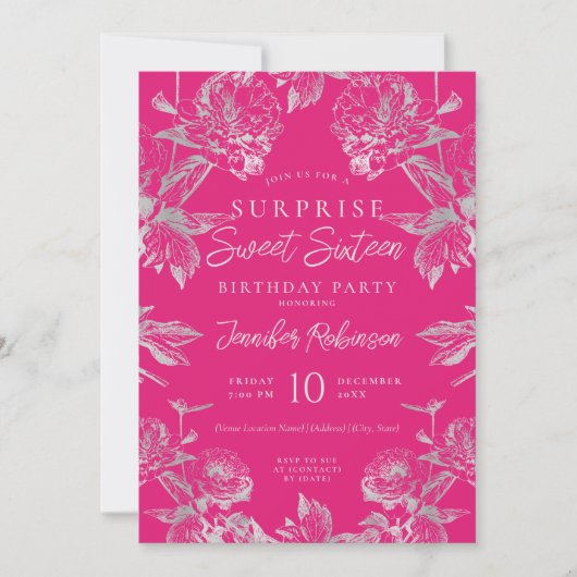 Invitation Hot rose & Silver Floral Photo SURPRISE Sweet 16 (Devant)