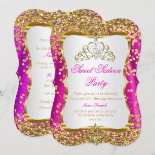Invitation Hot rose Tiara Princess Sweet 16 or blanc Invitati