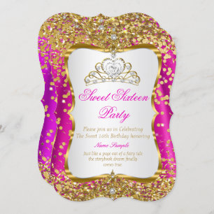 Invitation Hot rose Tiara Princess Sweet 16 or blanc Invitati