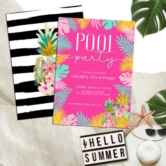 Invitation Hot rose Tropical Luau Pool Party Anniversaire