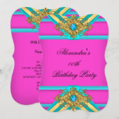 Invitation Hot rose Turquoise Anniversaire Joyau de fête Gold (Devant / Derrière)