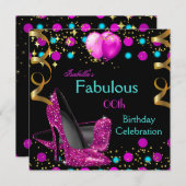 Invitation Hot rose Turquoise Bleu Haut talons Fabuleux Anniv (Devant / Derrière)