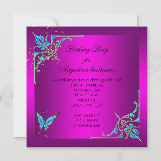 Invitation Hot rose Turquoise Royal Blue Butterfly fête d'ann (Dos)