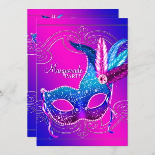 Invitation Hot rose violet mascarade (Devant / Derrière)