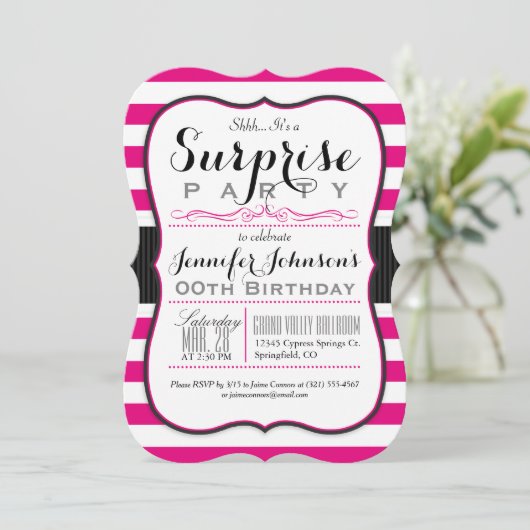 Invitation Hot Rose & White Stripes Surprise (Debout devant)
