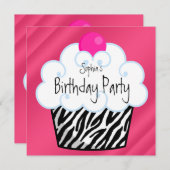 Invitation Hot rose Zebra Girls Cupcake fête d'anniversaire (Devant / Derrière)