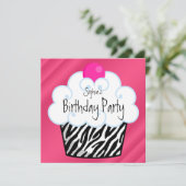 Invitation Hot rose Zebra Girls Cupcake fête d'anniversaire (Debout devant)