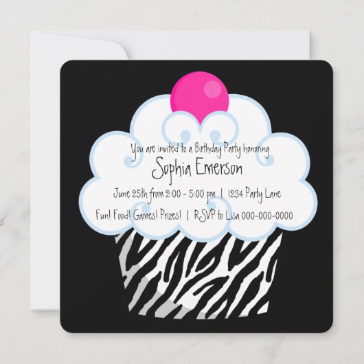 Invitation Hot rose Zebra Girls Cupcake fête d'anniversaire (Dos)