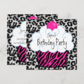 Invitation Hot rose Zebra Girls Cupcake fête d'anniversaire (Devant / Derrière)