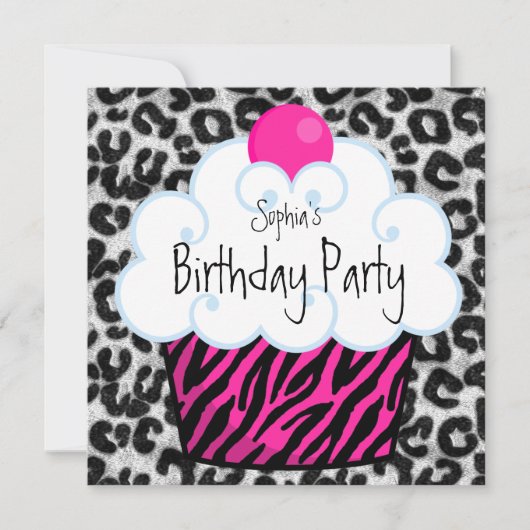 Invitation Hot rose Zebra Girls Cupcake fête d'anniversaire (Devant)