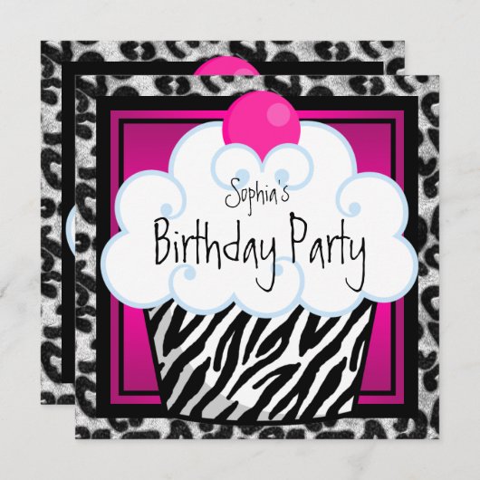 Invitation Hot rose Zebra Girls Cupcake fête d'anniversaire (Devant / Derrière)