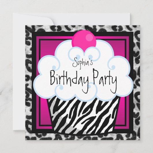 Invitation Hot rose Zebra Girls Cupcake fête d'anniversaire (Devant)