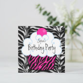 Invitation Hot rose Zebra Girls Cupcake fête d'anniversaire (Debout devant)