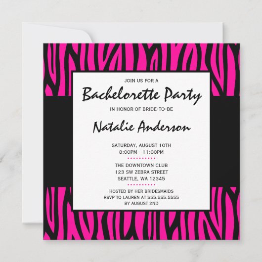 Invitation Hot rose Zebra Modern Bachelorette Party (Devant)