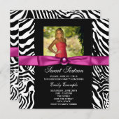 Invitation Hot rose Zebra Photo Sweet 16 Party (Devant / Derrière)