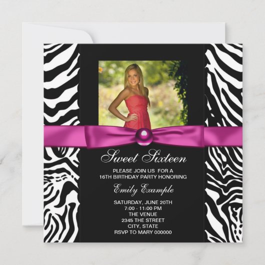 Invitation Hot rose Zebra Photo Sweet 16 Party (Devant)