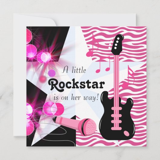 Invitation Hot rose Zebra Rockstar Baby Girl Douche (Devant)