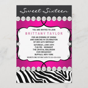 Invitation Hot rose Zebra Sweet sixteen fête d'anniversaire
