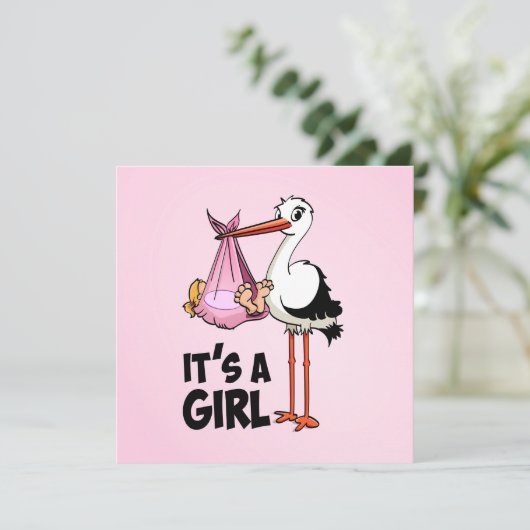 Invitation Hourra une fille - Cigogne avec bébé (Debout devant)