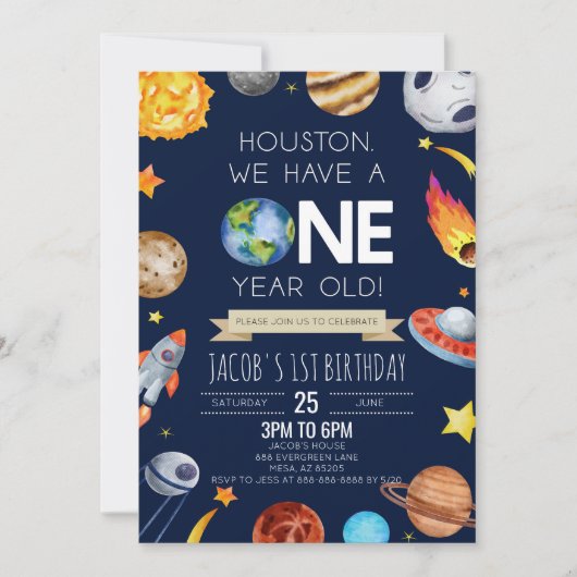 Invitation Houston Nous avons un an 1er anniversaire fête (Devant)