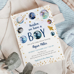 Invitation Houston Nous Avons Un Baby shower Boy Blue Gold Sp