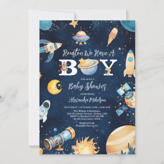 Invitation Houston Nous Avons Un Garçon Baby shower Espace Ex (Devant)