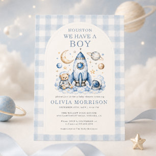Invitation Houston, nous avons un garçon, Baby Shower Gingham