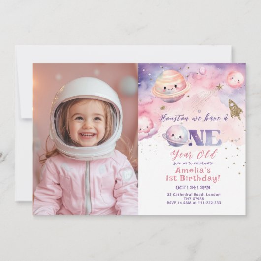 Invitation Houston nous avons une fille d'un an Space photo (Devant)