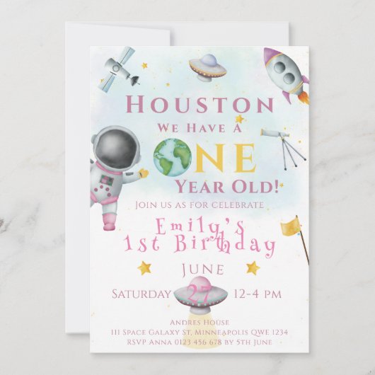Invitation Houston Nous avons une fille spatiale d'un an (Devant)